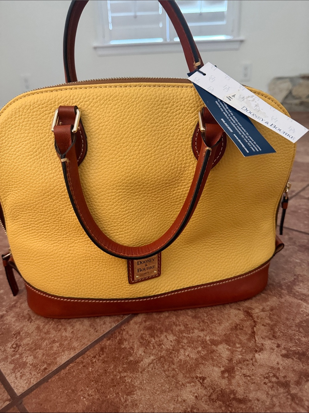 Dooney & Bourke Yellow Pebble Leather Satchel with Brown Trim